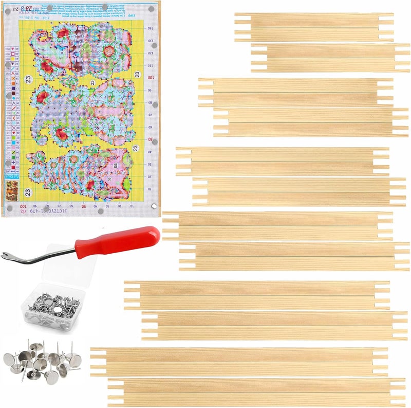 Yeeyeah 24 Pcs 6 Sets Stretcher Bars for Needlework 6 Sizes Wooden Canvas Stretcher Bars with 80 Thumb Tacks and Tacks Remover for Needlepoint Embroidery Stitch Frame Set Bundle with Crafts - Image 1